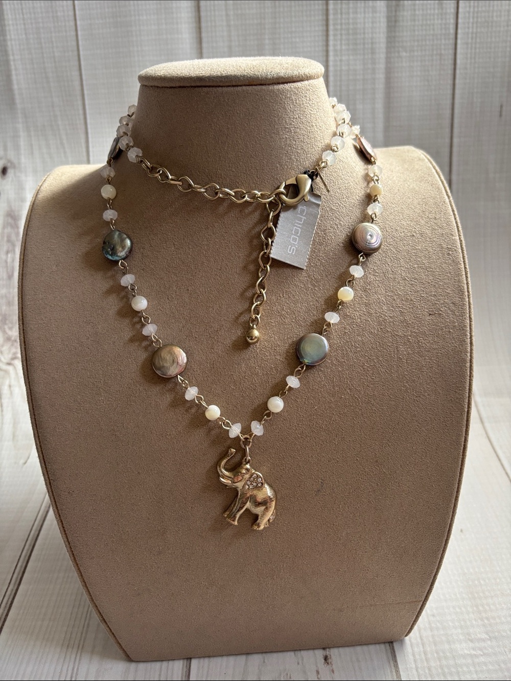 Chico’s Gold Elephant Pendant Necklace with Cream and Iridescent Accents